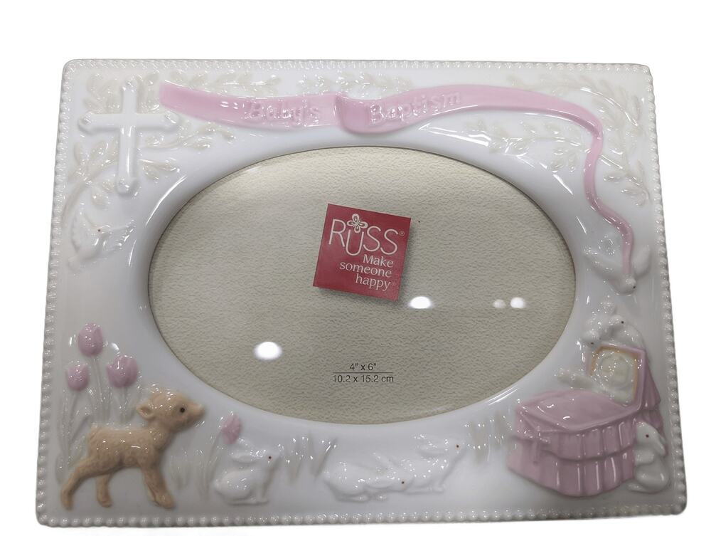 Russ Baby's Baptism Ceramic Photo Frame Pink Girl 4x6 Cross Lamb Bunny